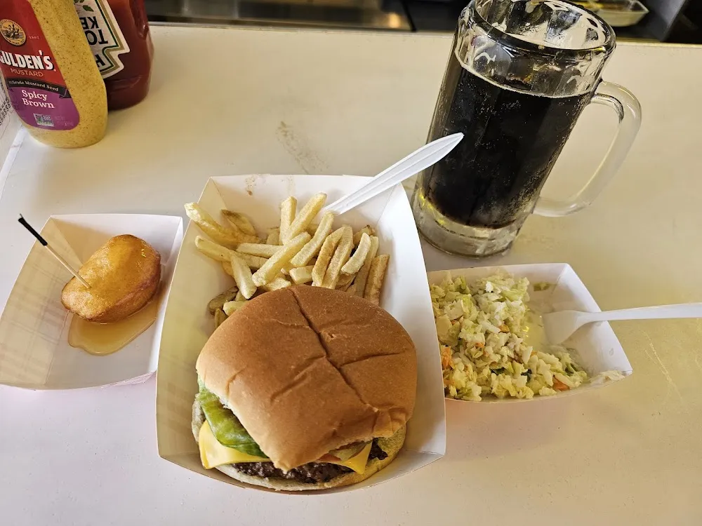 Cheeseburger Basket with a Honey Bun and Root Beer